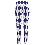 Navy Blue And White Argyle Pattern Print High-Waisted Pocket Leggings