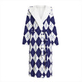 Navy Blue And White Argyle Pattern Print Hooded Bathrobe