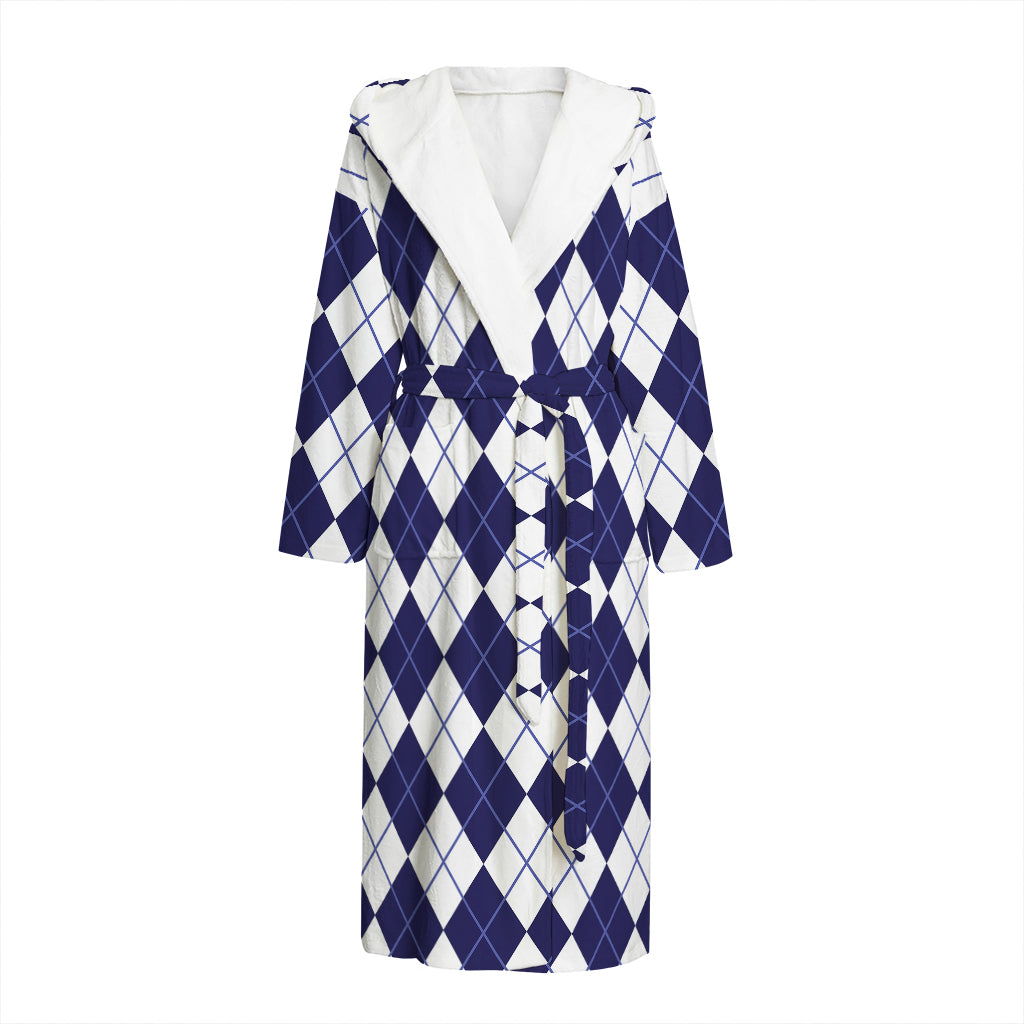 Navy Blue And White Argyle Pattern Print Hooded Bathrobe