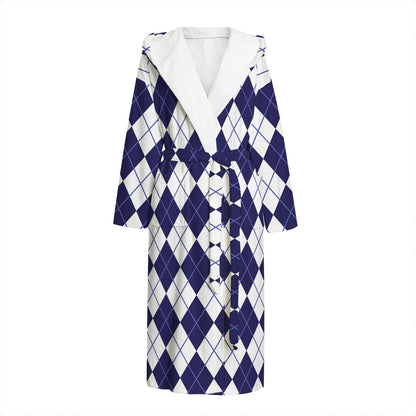 Navy Blue And White Argyle Pattern Print Hooded Bathrobe