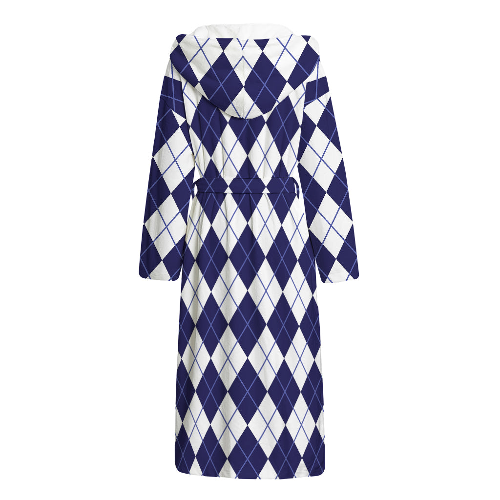 Navy Blue And White Argyle Pattern Print Hooded Bathrobe