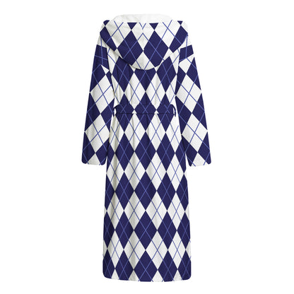 Navy Blue And White Argyle Pattern Print Hooded Bathrobe