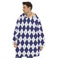 Navy Blue And White Argyle Pattern Print Hoodie Blanket