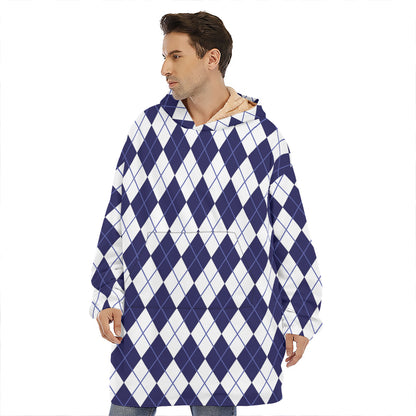 Navy Blue And White Argyle Pattern Print Hoodie Blanket