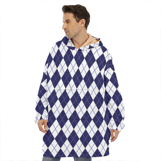 Navy Blue And White Argyle Pattern Print Hoodie Blanket