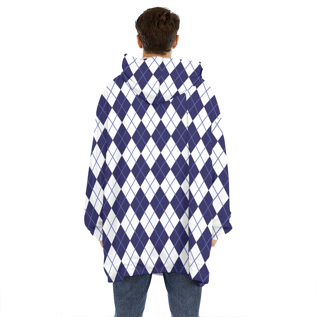Navy Blue And White Argyle Pattern Print Hoodie Blanket