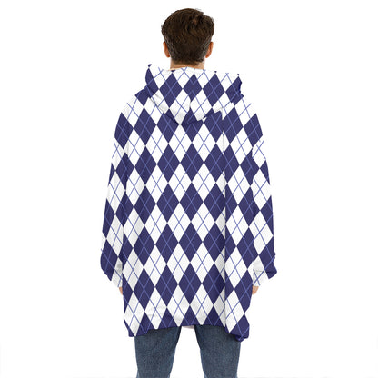 Navy Blue And White Argyle Pattern Print Hoodie Blanket