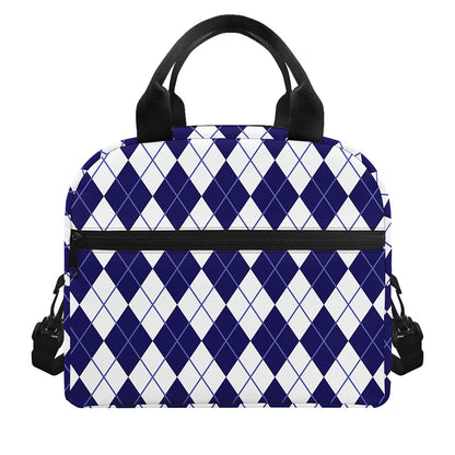 Navy Blue And White Argyle Pattern Print Insulated Lunch Bag