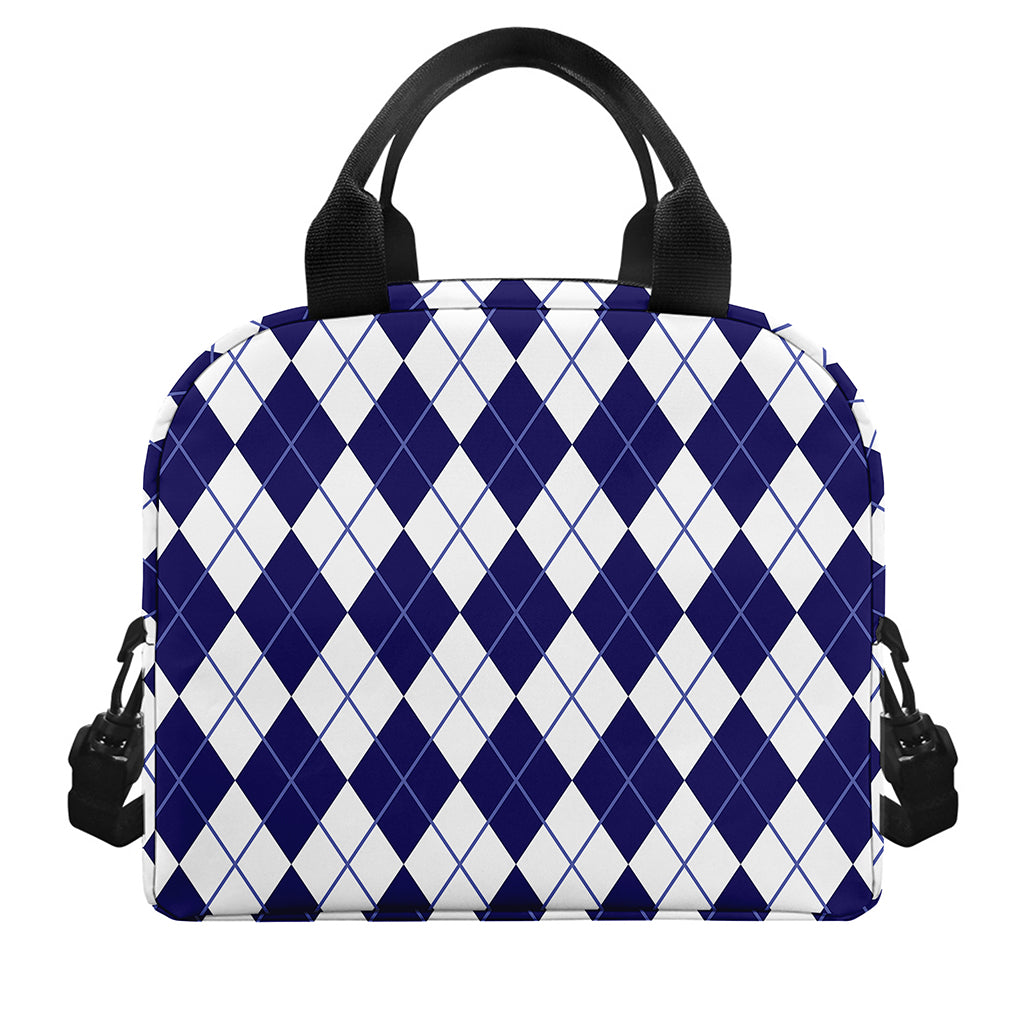 Navy Blue And White Argyle Pattern Print Insulated Lunch Bag