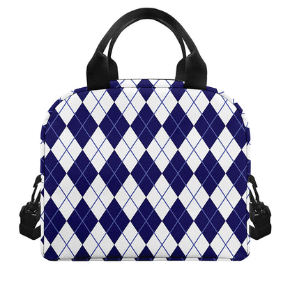 Navy Blue And White Argyle Pattern Print Insulated Lunch Bag