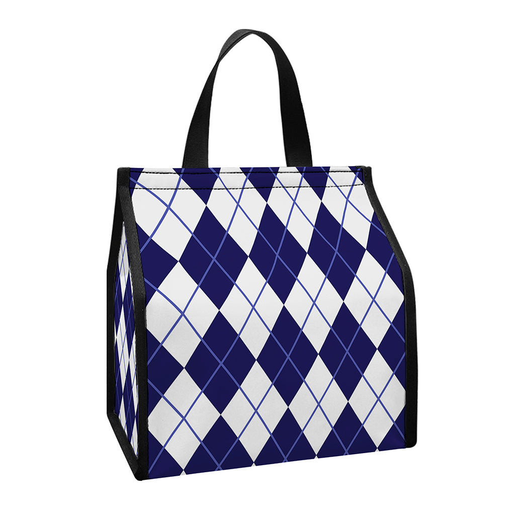 Navy Blue And White Argyle Pattern Print Insulated Lunch Tote