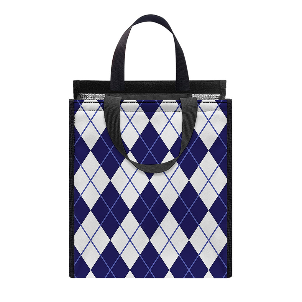 Navy Blue And White Argyle Pattern Print Insulated Lunch Tote