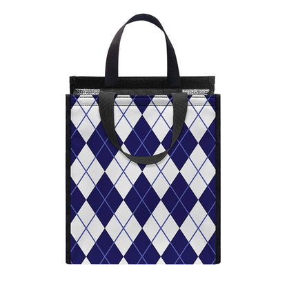 Navy Blue And White Argyle Pattern Print Insulated Lunch Tote