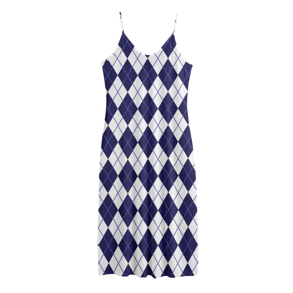 Navy Blue And White Argyle Pattern Print Jersey Midi Cami Dress