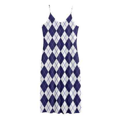 Navy Blue And White Argyle Pattern Print Jersey Midi Cami Dress