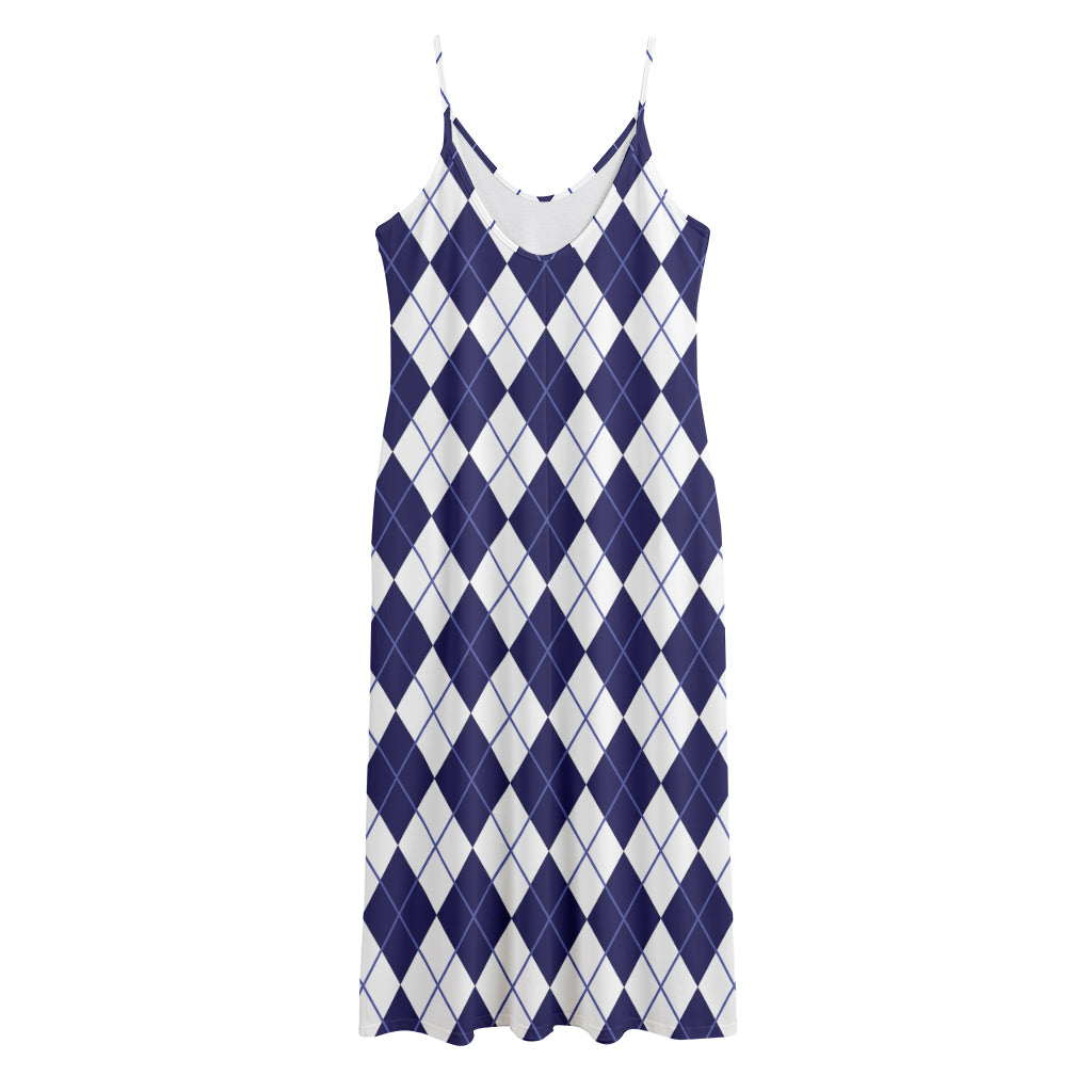 Navy Blue And White Argyle Pattern Print Jersey Midi Cami Dress