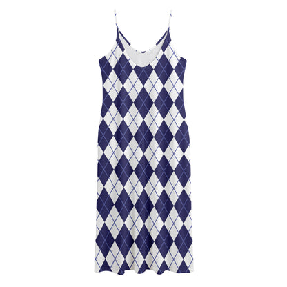 Navy Blue And White Argyle Pattern Print Jersey Midi Cami Dress
