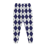 Navy Blue And White Argyle Pattern Print Jogger Pants