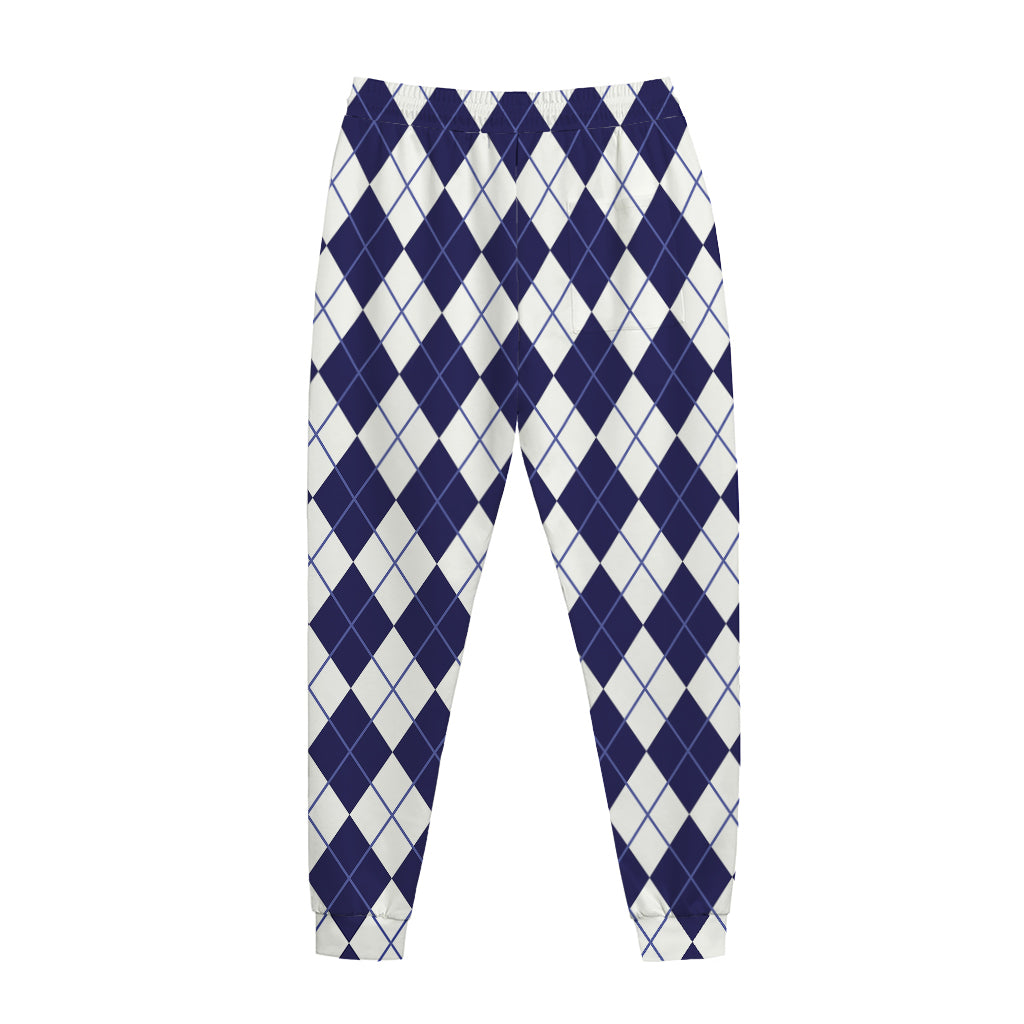 Navy Blue And White Argyle Pattern Print Jogger Pants