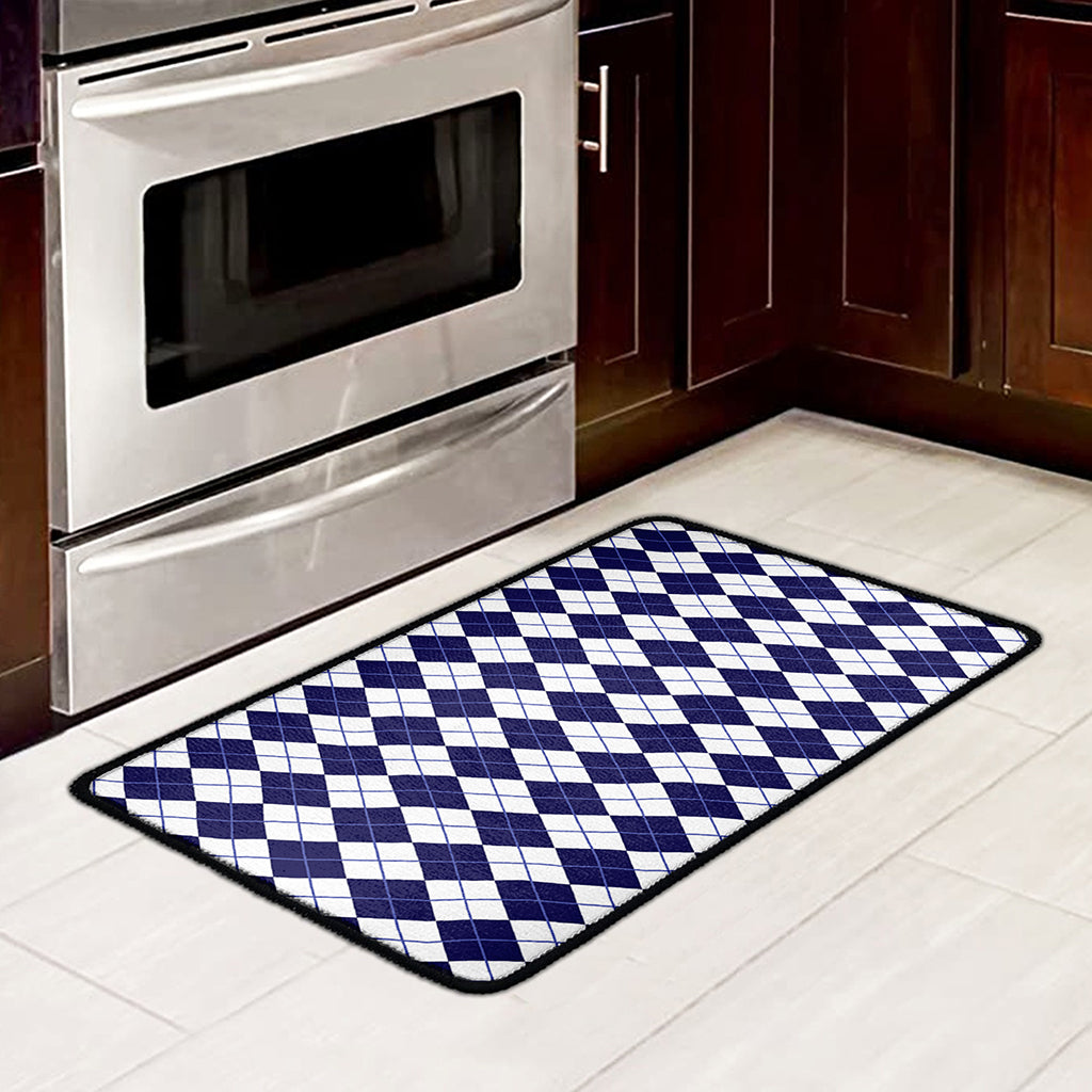 Navy Blue And White Argyle Pattern Print Kitchen Mat