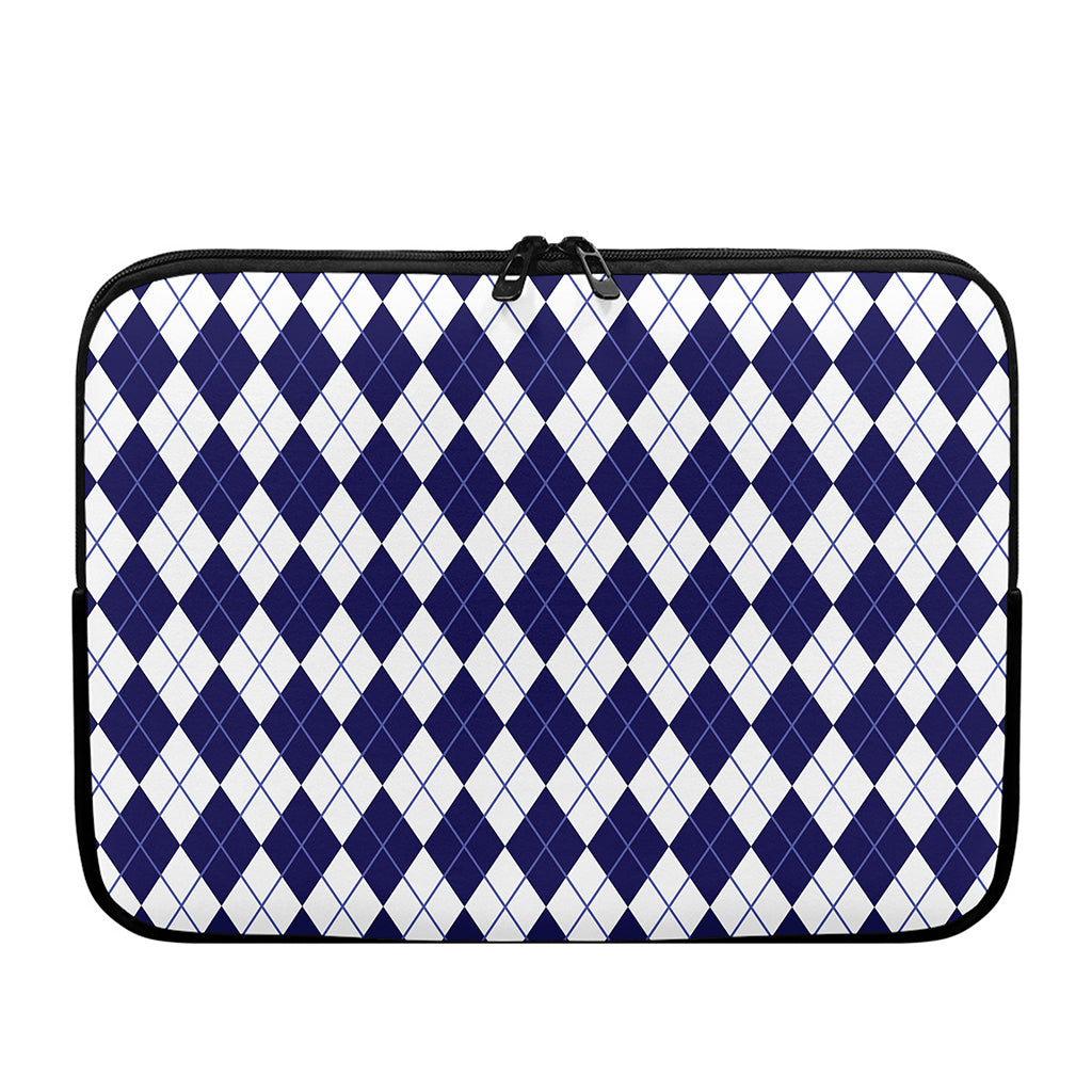 Navy Blue And White Argyle Pattern Print Laptop Sleeve