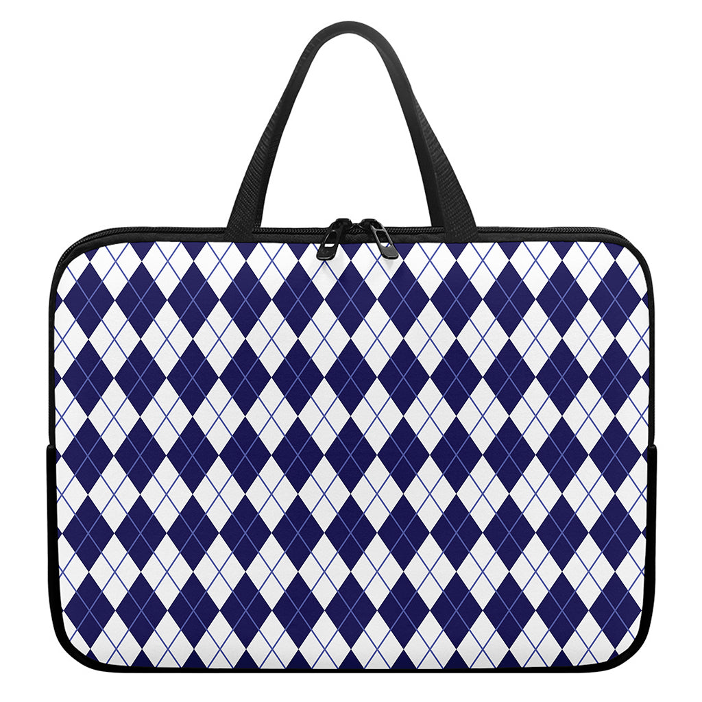 Navy Blue And White Argyle Pattern Print Laptop Sleeve With Handle