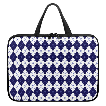 Navy Blue And White Argyle Pattern Print Laptop Sleeve With Handle