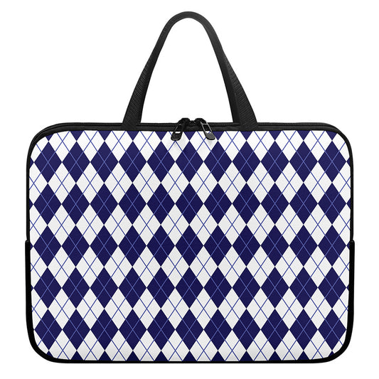 Navy Blue And White Argyle Pattern Print Laptop Sleeve With Handle