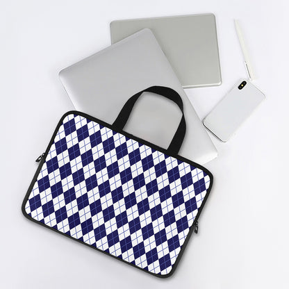 Navy Blue And White Argyle Pattern Print Laptop Sleeve With Handle