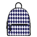 Navy Blue And White Argyle Pattern Print Leather Backpack