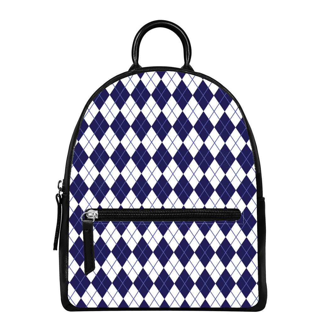 Navy Blue And White Argyle Pattern Print Leather Backpack