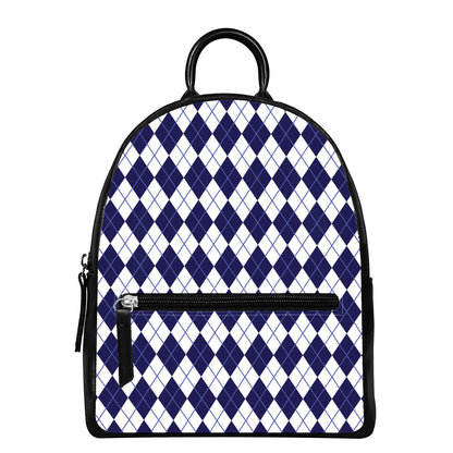 Navy Blue And White Argyle Pattern Print Leather Backpack