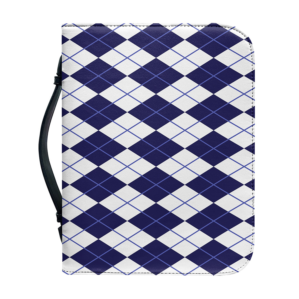 Navy Blue And White Argyle Pattern Print Leather Bible Cover