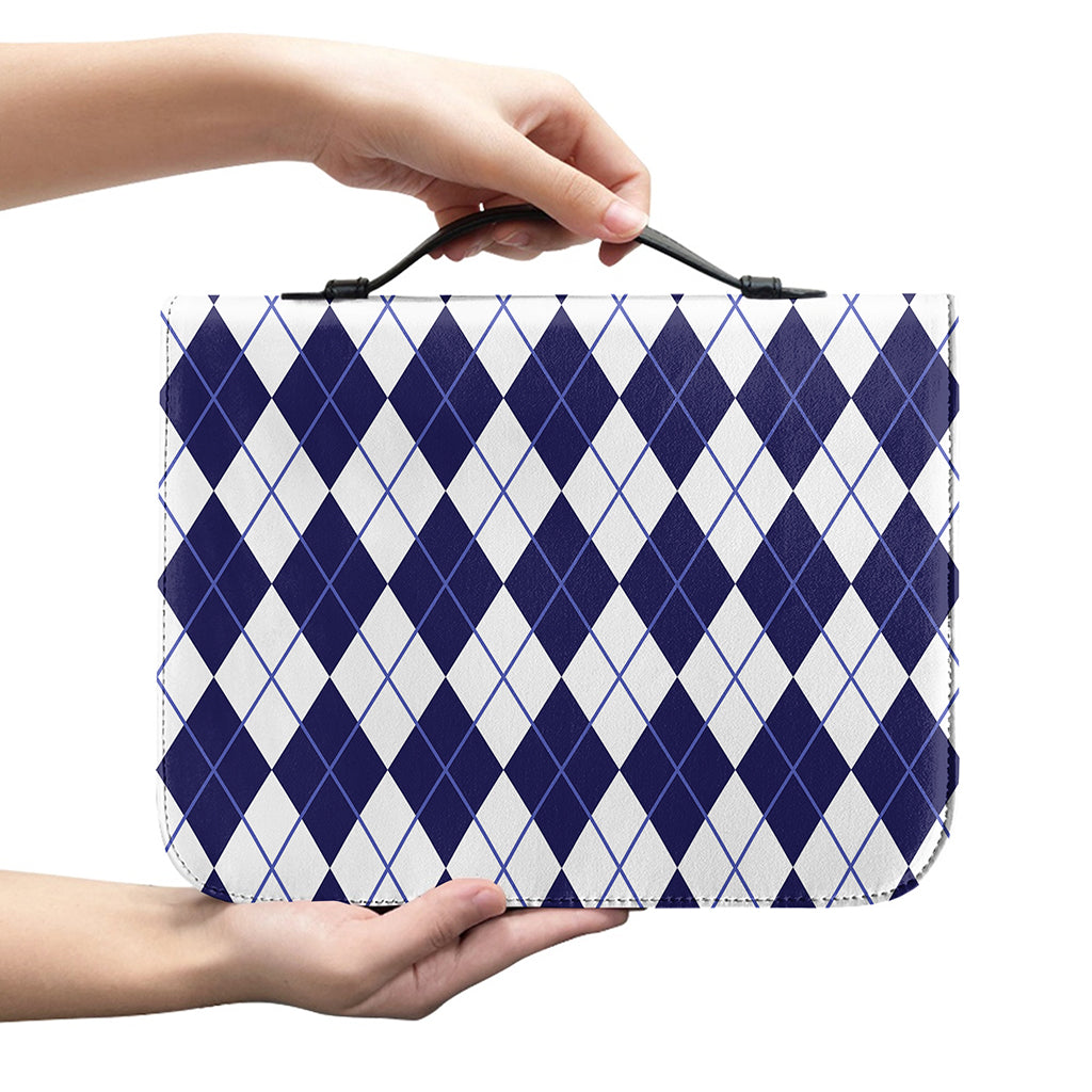 Navy Blue And White Argyle Pattern Print Leather Bible Cover