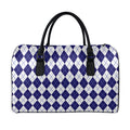 Navy Blue And White Argyle Pattern Print Leather Duffel Bag