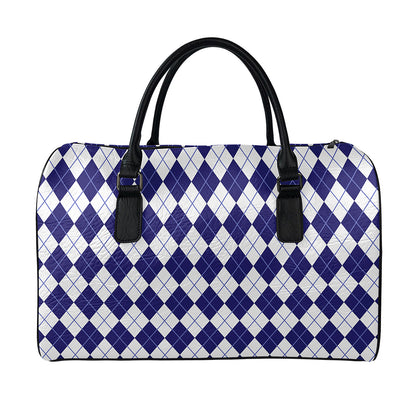 Navy Blue And White Argyle Pattern Print Leather Duffle Bag