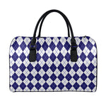 Navy Blue And White Argyle Pattern Print Leather Duffle Bag