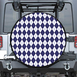 Navy Blue And White Argyle Pattern Print Leather Spare Tire Cover