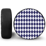 Navy Blue And White Argyle Pattern Print Leather Spare Tire Cover
