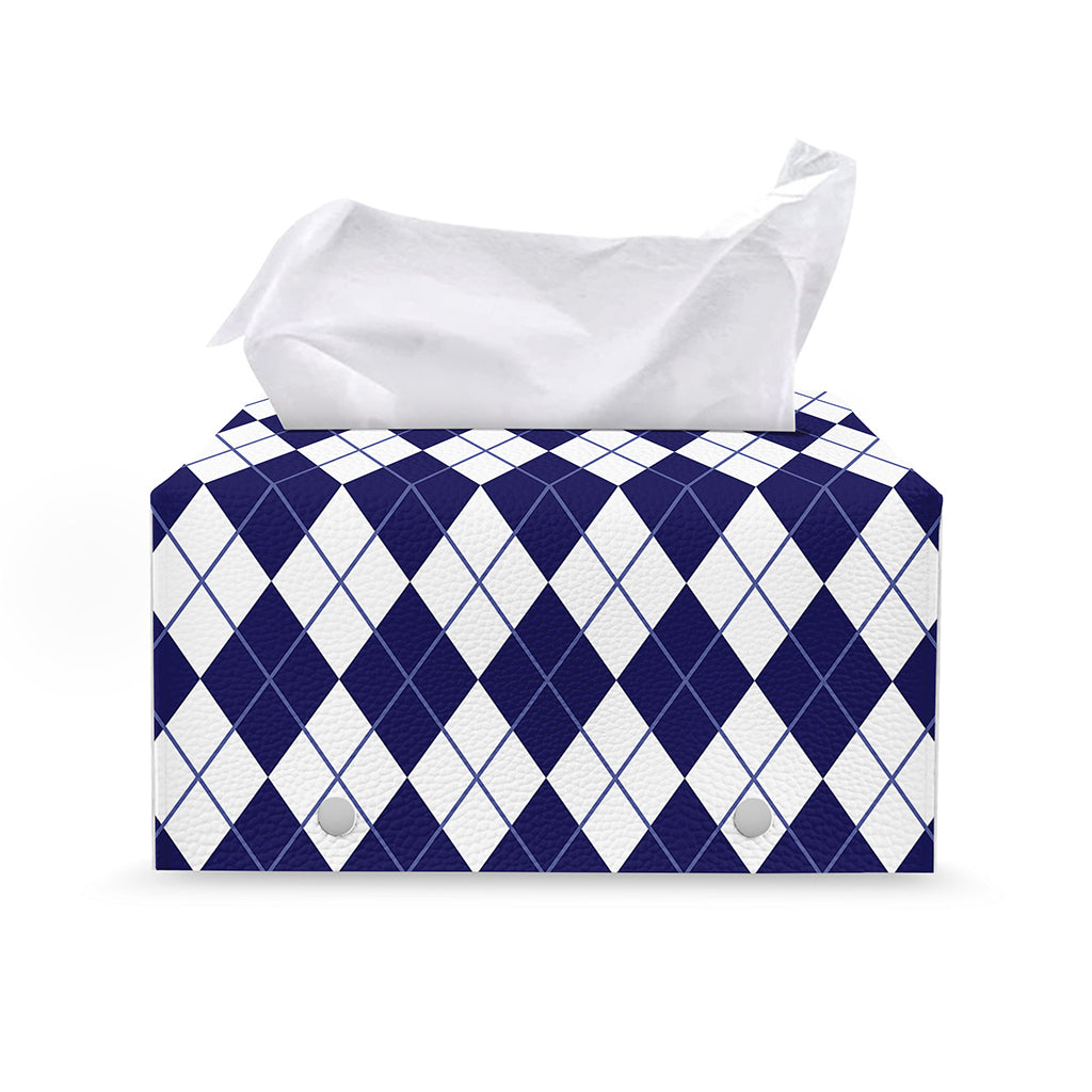 Navy Blue And White Argyle Pattern Print Leather Tissue Box Cover