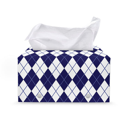 Navy Blue And White Argyle Pattern Print Leather Tissue Box Cover
