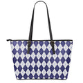 Navy Blue And White Argyle Pattern Print Leather Tote Bag With Zipper