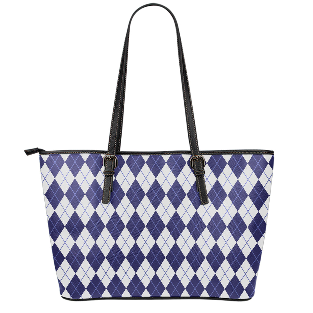Navy Blue And White Argyle Pattern Print Leather Tote Bag