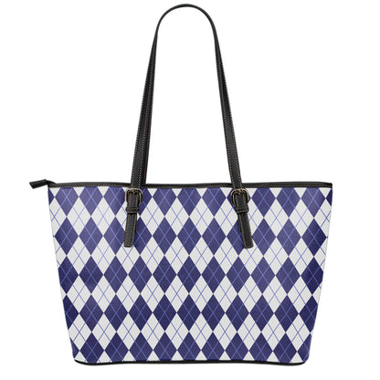 Navy Blue And White Argyle Pattern Print Leather Tote Bag