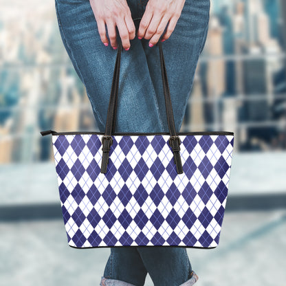Navy Blue And White Argyle Pattern Print Leather Tote Bag