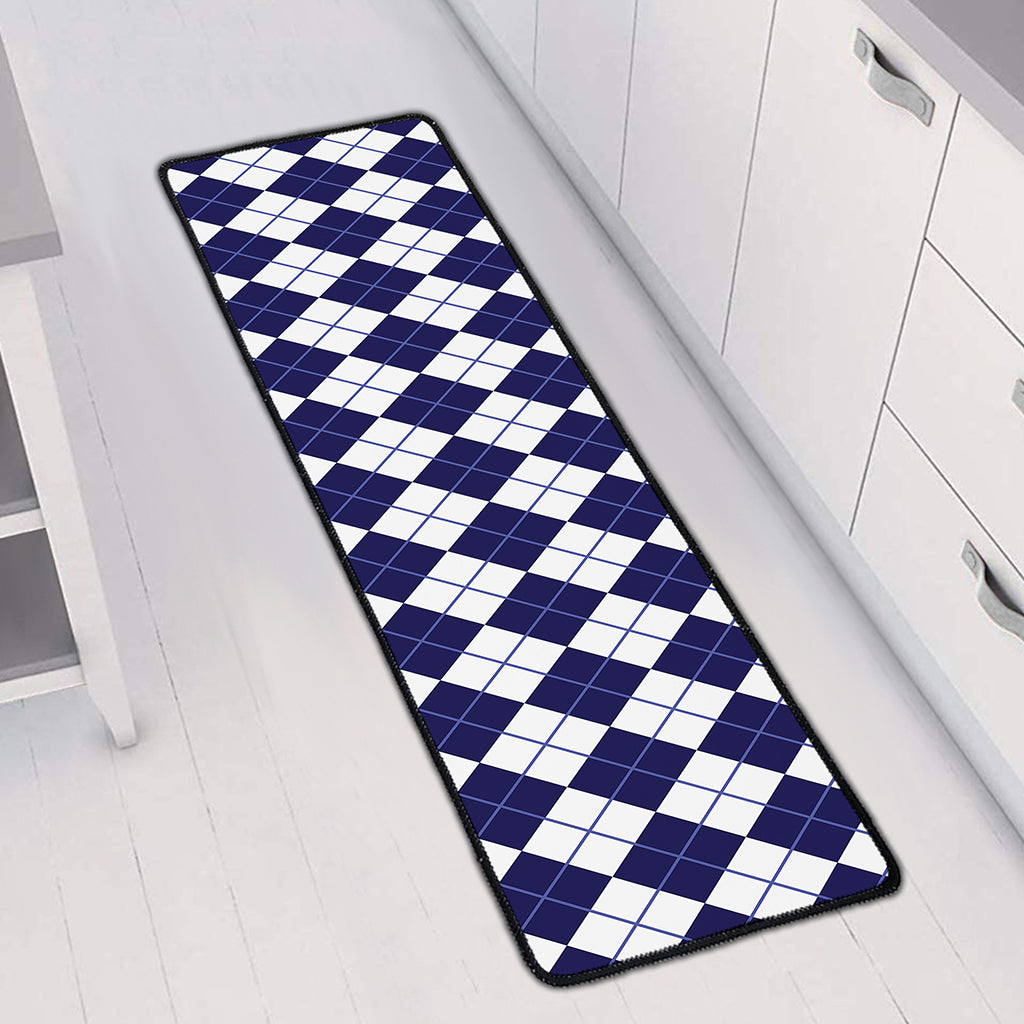 Navy Blue And White Argyle Pattern Print Long Kitchen Mat