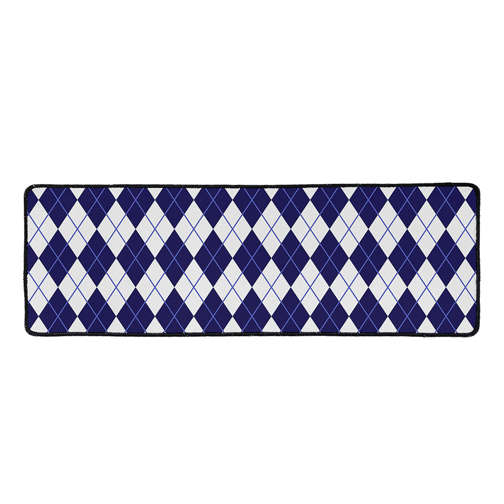 Navy Blue And White Argyle Pattern Print Long Kitchen Mat