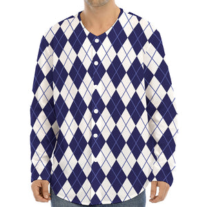 Navy Blue And White Argyle Pattern Print Long Sleeve Baseball Jersey