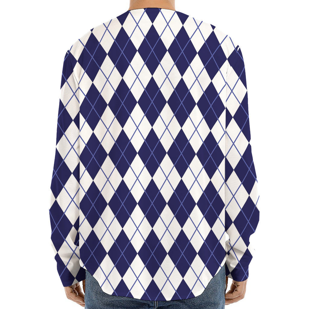 Navy Blue And White Argyle Pattern Print Long Sleeve Baseball Jersey