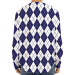 Navy Blue And White Argyle Pattern Print Long Sleeve Baseball Jersey